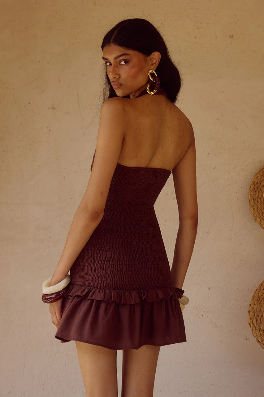 Fleur Shirred Halter Mini Dress - Chocolate